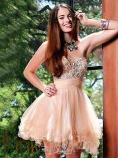 Short/Mini Tulle with Crystal Detailing Sweetheart Champagne Sweet Prom Dress #02016357
