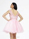 Pink Satin Tulle Scoop Neck Cap Straps Short/Mini Appliques Lace Prom Dresses #02016358