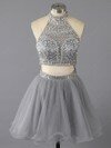 Fashion Two Piece Short/Mini Tulle Crystal Detailing High Neck Prom Dress #02016369