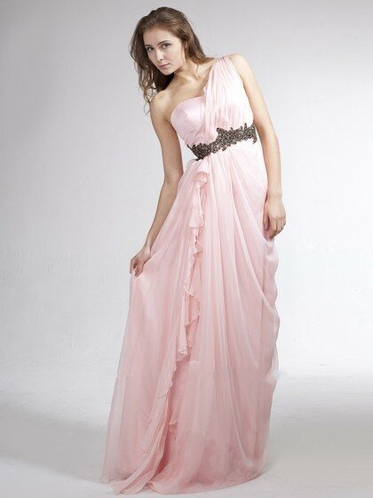Pretty Sheath/Column Chiffon Appliques Lace Pink One Shoulder Prom Dresses #02022616