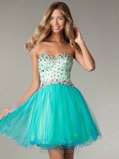 Green Satin Tulle Crystal Detailing Lace-up Sweetheart Short/Mini Prom Dress #02016396