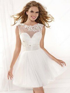 White Tulle Scoop Neck Short/Mini Appliques Lace Cute Prom Dresses #02016403