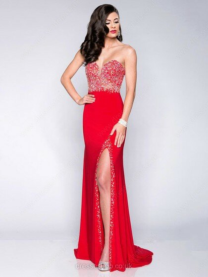 Sheath/Column Split Front Red Silk-like Satin Sweetheart Wholesale Prom Dress #02016726