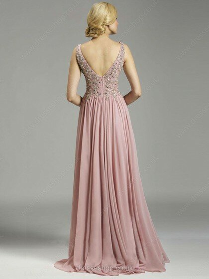 V-neck Chiffon Straps with Beading Open Back Sweep Train Perfect Prom Dresses #02016735