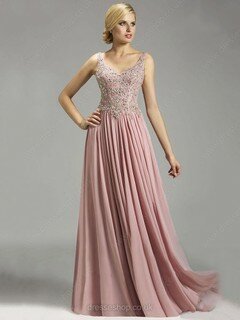 V-neck Chiffon Straps with Beading Open Back Sweep Train Perfect Prom Dresses #02016735
