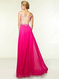 Unique Off-the-shoulder Fuchsia Chiffon Tulle Crystal Detailing Floor-length Prom Dresses #02016736