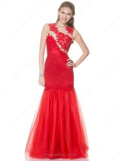 Pretty Scoop Neck Red Satin Tulle Appliques Lace Trumpet/Mermaid Prom Dresses #02016749
