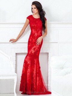 Trumpet/Mermaid Scoop Neck Cap Straps Open Back Tulle Lace Online Red Prom Dress #02016751