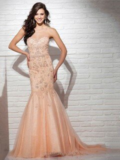 Sweetheart Satin Tulle with Beading Trumpet/Mermaid Gorgeous Prom Dresses #02016764