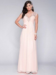 Empire Pink Chiffon Floor-length Beading Cap Straps Prom Dress #02016771