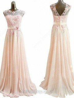 A-line Scoop Neck Chiffon Tulle Sweep Train Appliques Lace Prom Dresses #02016820
