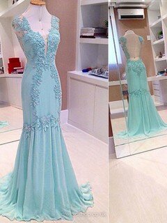 Trumpet/Mermaid V-neck Chiffon Sweep Train Appliques Lace Prom Dresses #02016862