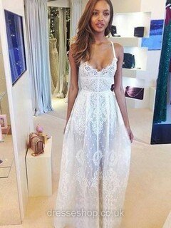 A-line V-neck Lace Floor-length Appliques Lace Prom Dresses #02016873