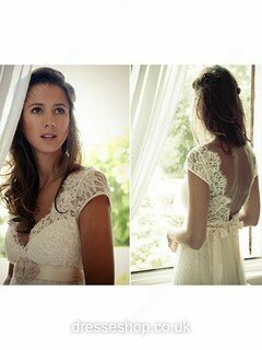 Sheath/Column V-neck Tulle Sweep Train Lace Wedding Dresses #02016957