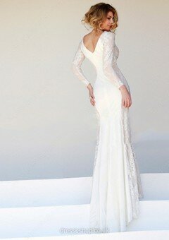 Trumpet/Mermaid Scoop Neck Ivory Lace Silk-like Satin Long Sleeve Prom Dress #02016964