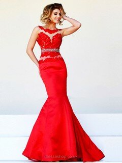 Scoop Neck Appliques Lace Red Satin Tulle Open Back Sweep Train Prom Dress #02016966