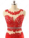 Scoop Neck Appliques Lace Red Satin Tulle Open Back Sweep Train Prom Dress #02016966