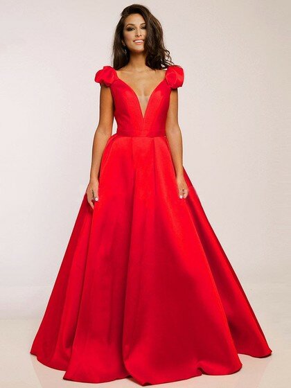 Vintage Princess Satin with Ruffles V-neck Red Prom Dress #02016999