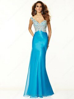 Sheath/Column Off-the-shoulder Appliques Lace Blue Chiffon Fashion Prom Dress #02017002