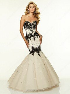 Perfect Trumpet/Mermaid Sweetheart Tulle Appliques Lace Champagne Prom Dress #02017004