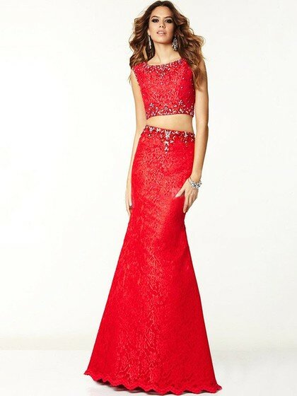 Two Piece Trumpet/Mermaid Scoop Neck Lace Beading Red Prom Dresses #02017006