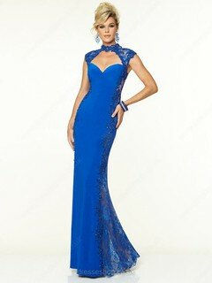 Sheath/Column High Neck Cap Straps Appliques Lace Royal Blue Silk-like Satin Prom Dress #02017026