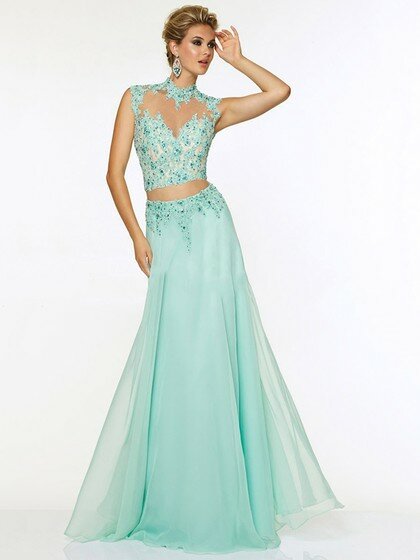 Two Piece Blue Chiffon Tulle Appliques Lace Open Back High Neck Prom Dress #02017036
