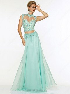 Two Piece Blue Chiffon Tulle Appliques Lace Open Back High Neck Prom Dress #02017036