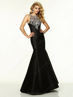 Affordable Trumpet/Mermaid Crystal Detailing Black Satin Tulle Scoop Neck Prom Dress #02017046