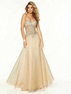 Latest Chiffon Tulle with Beading A-line Sweetheart Champagne Prom Dress #02017058