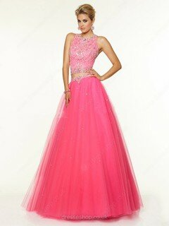 Scoop Neck Fuchsia Tulle with Beading Princess Open Back Two Piece Prom Dress #02017062
