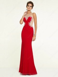 Red Scoop Neck Tulle Silk-like Satin Beading Expensive Sheath/Column Prom Dress #02017072