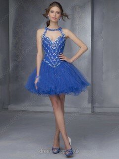 Royal Blue Short/Mini Tulle Beading Open Back Scoop Neck Prom Dresses #02017079