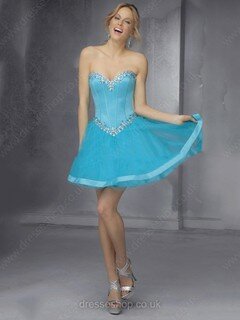 A-line Short/Mini Crystal Detailing Lace-up Blue Tulle Prom Dresses #02017091