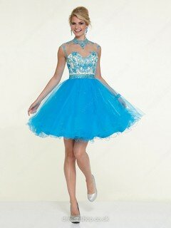 A-line Blue Tulle Appliques Lace For Less Scoop Neck Prom Dress #02017107