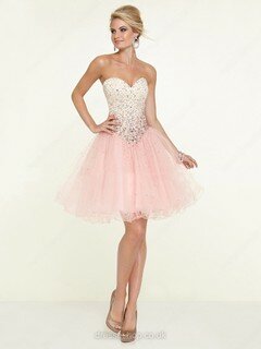 Sweetheart Pink Satin Tulle Lace-up Short/Mini Beading Prom Dresses #02017109
