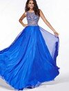 A-line Scoop Neck Chiffon Tulle Sweep Train Beading Prom Dresses #02017160