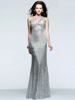 One Shoulder Sparkly Silver Sequined Beading Sheath/Column Prom Dresses #02017213