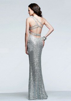 One Shoulder Sparkly Silver Sequined Beading Sheath/Column Prom Dresses #02017213