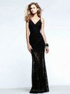 V-neck Black Lace Sequins Sheath/Column Spaghetti Straps Prom Dress #02017214
