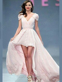 Asymmetrical Pearl Pink V-neck Pleats Chiffon High Low Prom Dresses #02017249