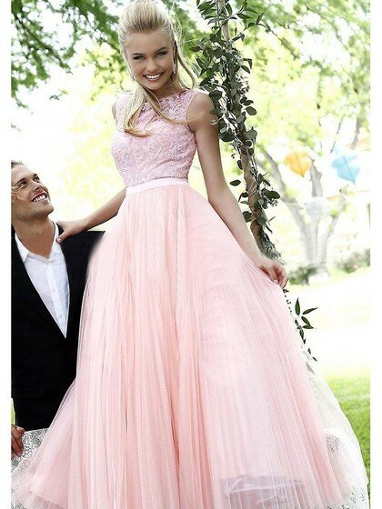 Princess Scoop Neck Pink Tulle Appliques Lace Girls Prom Dress #02017261