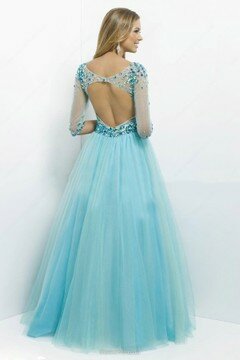 Great V-neck Crystal Detailing Princess Blue Tulle 1/2 Sleeve Prom Dress #02017265