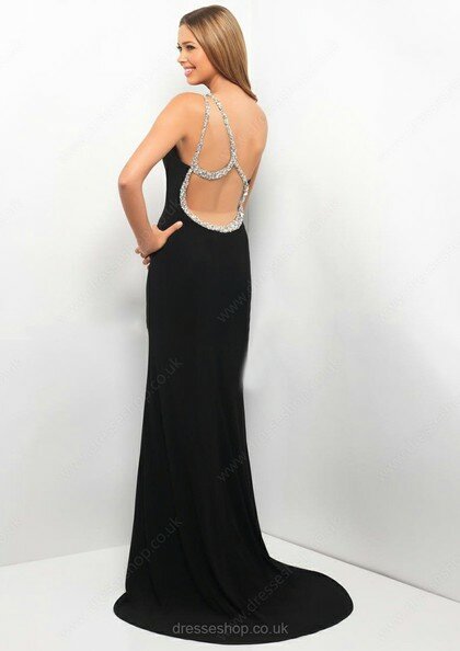 Open Back One Shoulder Black Silk-like Satin Beading Sheath/Column Prom Dress #02017267