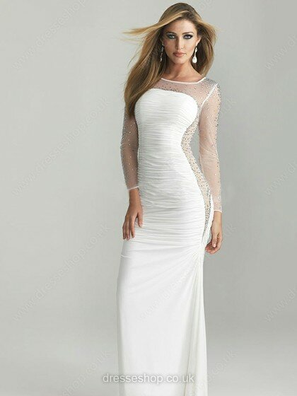 Sheath/Column Ivory Tulle Silk-like Satin Beading Long Sleeve Scoop Neck Prom Dresses #02017289