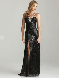 Coolest Backless Sheath/Column Sequined V-neck Split Front Black Prom Dress #02017296