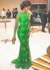 Trumpet/Mermaid Scalloped Neck Popular Green Lace Long Sleeve Prom Dress #02017317