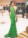 Trumpet/Mermaid Scalloped Neck Popular Green Lace Long Sleeve Prom Dress #02017317
