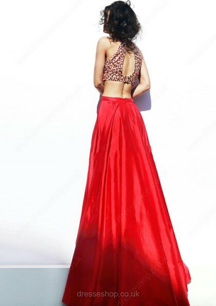 High Neck Elastic Woven Satin Beading Split Front Red Two Piece Prom Dress #02017322