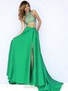 High Neck Elastic Woven Satin Beading Split Front Red Two Piece Prom Dress #02017322